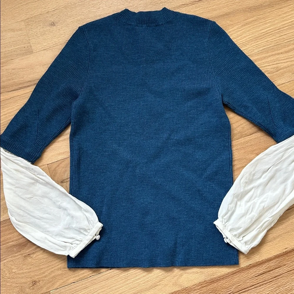Veronica Beard mixed fabric top/ blue wool crewneck sweater & silk sleeves sz XS